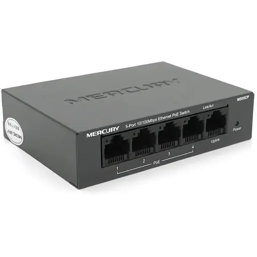Коммутатор POE 48V Mercury MS05CP 4 порта POE+1 порт Ethernet (Uplink) 10/100 Мбит/сек, БП в комплекте + переходник