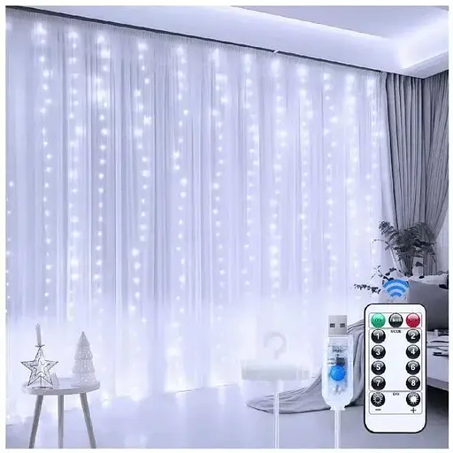 Гирлянда штора Sun Lamp большие капли росы 3х2.5 м 250 LED с пультом от USB от powerbank