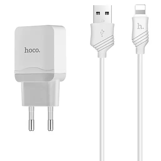 Блок питания Адаптер сетевой Hoco Lightning cable C22A 1 USB-выход набор белый - фото 1