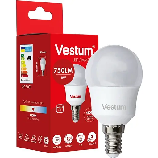 Світлодіодна лампа Vestum G45 8W 4100K 220V E14 1-VS-1211