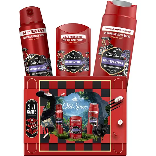 Подарунковий набір Old Spice Gamebox Night Panther: аерозольний дезодорант 150 мл + дезодорант-стік 50 мл + гель для душу 3-в-1, 250 мл + гра 3-в-1