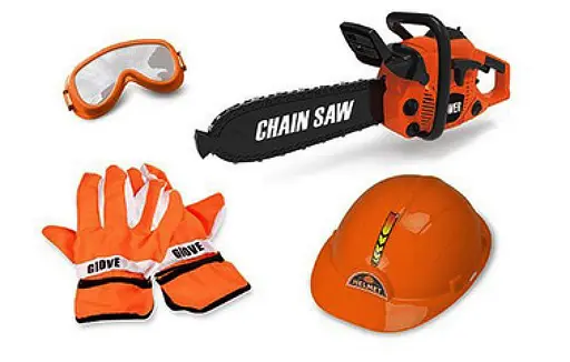 Дитячий ігровий набір інструментів Keyi бензопила, маска, рукавички, каска, на батарейках в коробці Помаранчевий - фото 2