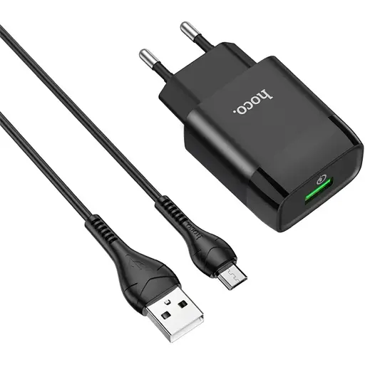 Сетевое зарядное устройство Hoco C72Q USB QC + кабель USB to MicroUSB черный - фото 1