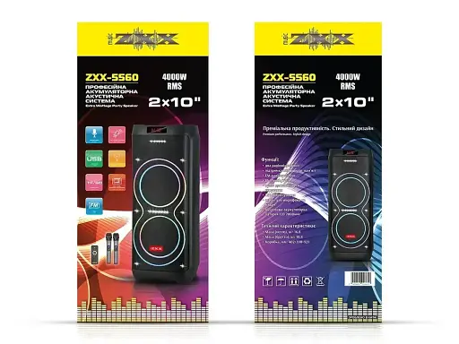 Акустическая переносная колонка ZXX-5560 2x10" TWS/FM/USB/TF/BT/REC/LED/2MIC/ДК 100Вт беспроводная колонка - фото 6