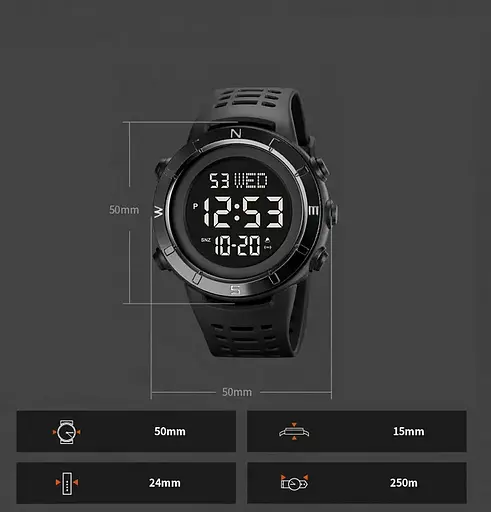 Чоловічий спортивний годинник Skmei 2015 (Чорний з чорним циферблатом) - фото 6