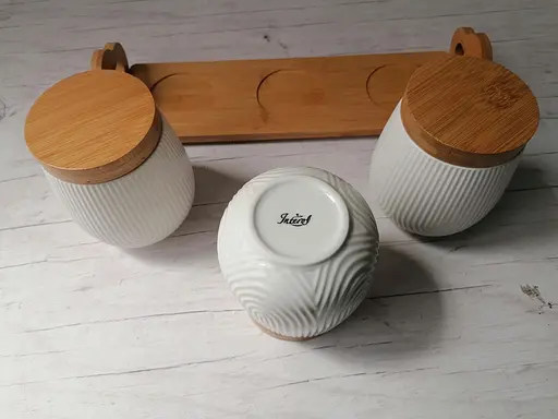 Набір банок для сипучих 3 предмети Interos PJ03430-S 001 на дерев'яній підставці - фото 4