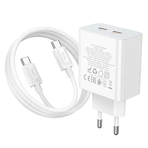 Адаптер сетевой HOCO Type-C to Type-C Cable Leader dual port(2C) charger C108A белый набор для зарядки - фото 7