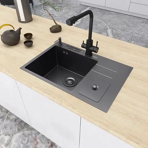 Чорна кухонна мийка Nett NBM-7047 з нержавійки з вбудованим смітником - фото 6