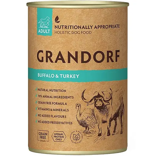 Вологий корм для дорослих собак Grandorf Buffalo & Turkey з м'ясом буйвола та індичкою 400 г - фото 1