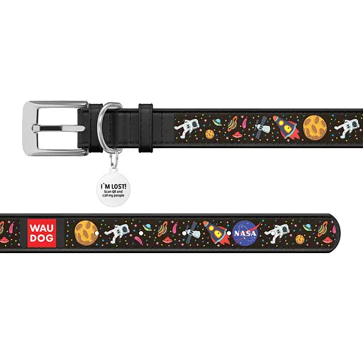 Ошейник для собак кожаный Waudog Design с QR-паспортом "NASA" M Ш 20 мм Д 29-38 см черный - фото 3