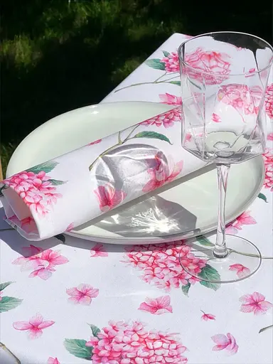 Водовідштовхувальна Скатертина з 3D принтом Гортензія 340х140 см (+ 7 серветок 30х40) Рожева - фото 6