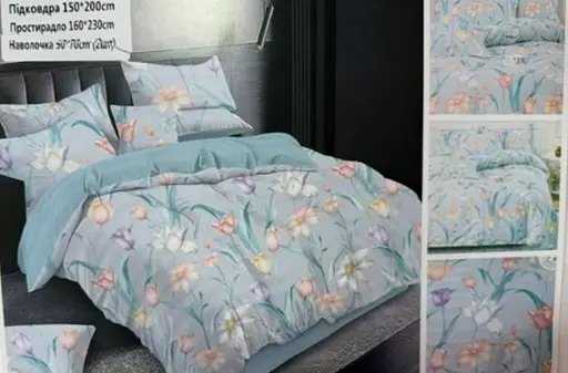 Постельное комбинированное белье Страйп сатин с цветочным принтом Синий полуторный комплект двухсторонний дизайн - фото 3