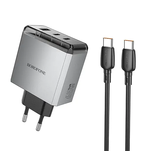 Сетевое зарядное устройство с кабелем Borofone BN22 Lena PD65W (2C1A) charger set (C to C(EU) серый) - фото 1