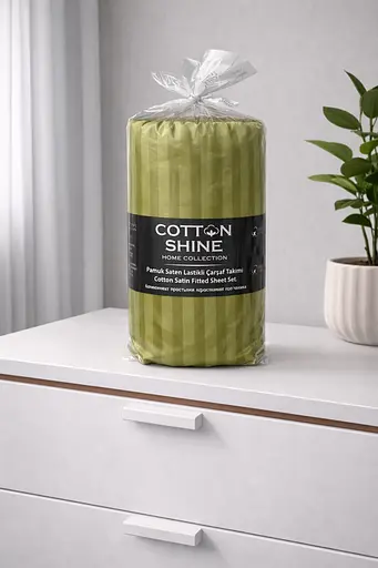 Простыня на резинке 180×220 см с двумя наволочками 50×70 см страйп сатин хаки TC303376228 - фото 1