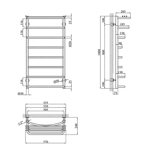 Рушникосушарка водяна Kroner Канна ДК02 1000x530/8 CV017229, Хром, нижнее - фото 2