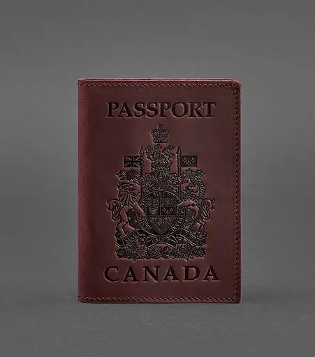 Кожаная обложка для паспорта с канадским гербом бордовая Crazy Horse - фото 1
