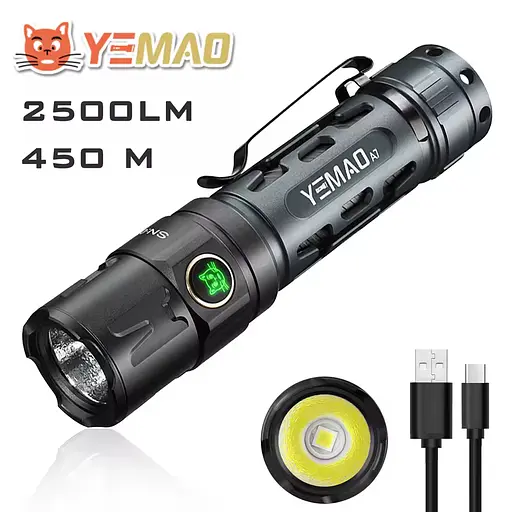 Тактический фонарь YEMAO YM-A7 5 режимов зум аккумулятор 21700 2200 LM Черный Серебристый - фото 2