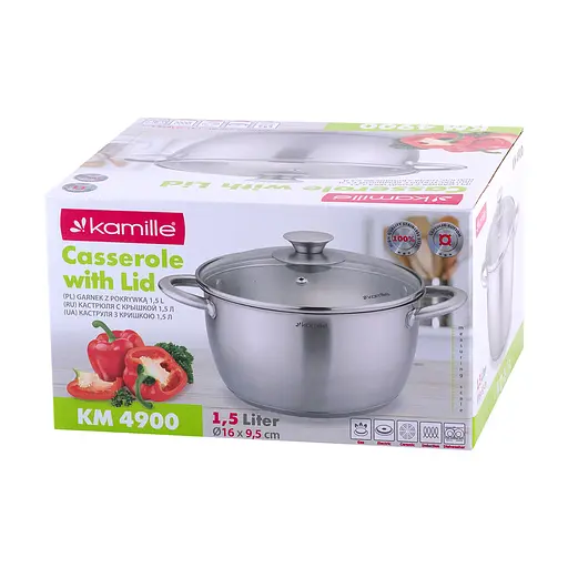 Кастрюля 1.5 л из нержавеющей стали с крышкой и полыми ручками для индукции и газа KM-4900, Kamille Серый 87478 - фото 6