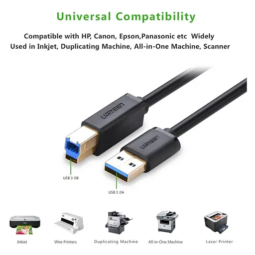 Кабель UGREEN US210 USB 3.0 AM to BM Print Cable 2m (Black）(UGR-10372) - фото 3