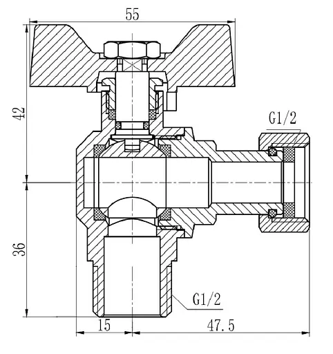 Кран шаровой Thermo Alliance Forte 1/2" ВН угловой, PN40, с накидной гайкой, бабочка SF224W15 - фото 4