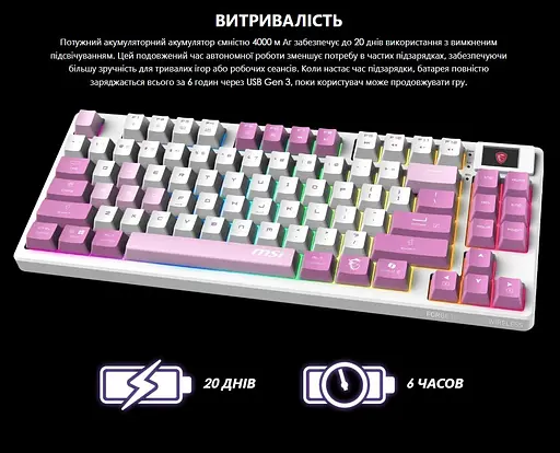 Клавіатура ігрова механічна MSI FORGE GK-600 W TKL Wireless, EN/UKR/RU, RGB VIOLET - фото 11