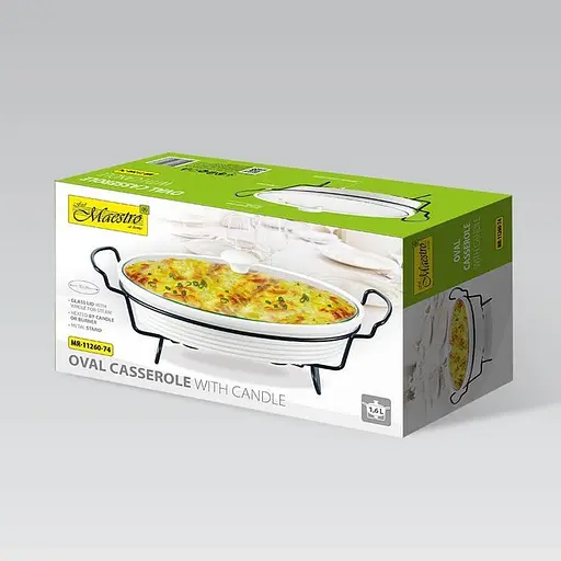 Мармит Maestro MR-11260-74 Керамическая кастрюля с крышкой 1,6л на подставке овальная 30см х 23см Белый - фото 4