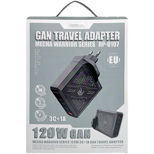 Зарядный адаптер Remax Mecha Warrior 1A+3C RP-U107 быстрая зарядка GaN 120W 3xType-C + 1xUSB-A Черный - фото 6