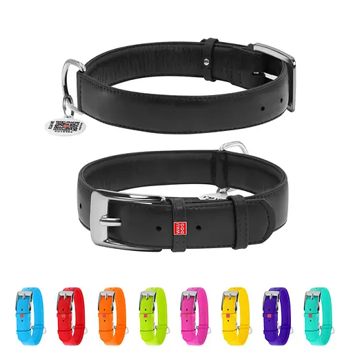 Ошейник для собак кожаный Waudog Glamour с QR-паспортом без украшений XL Ш 35 мм Д 46-60 см черный - фото 2