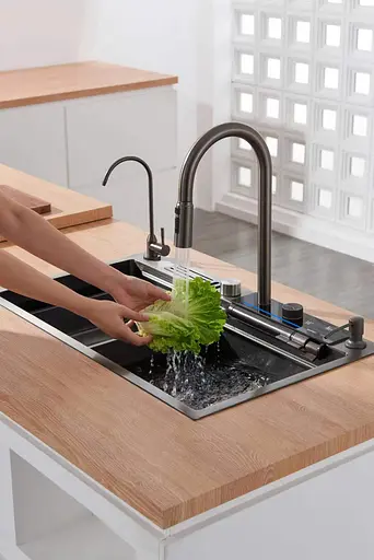 Cмеситель для кухни с водопадом и выдвижной лейкой нержавеющий графитовый Nett OG-38 - фото 5