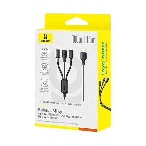 Кабель 3 в 1 Baseus Silky One-for-Three Fast Charging Cable USB-A to M+L+C 100W 1.5 м Черный - фото 2