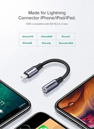 Адаптер Ugreen US211 3.5 мм FemaleLightning Male Aluminum Shell 10 см чорний - фото 2