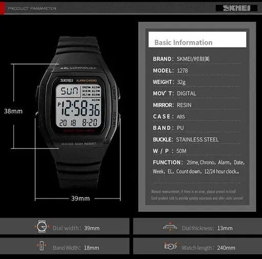 Чоловічий спортивний годинник Skmei 1278 Чорний - фото 6