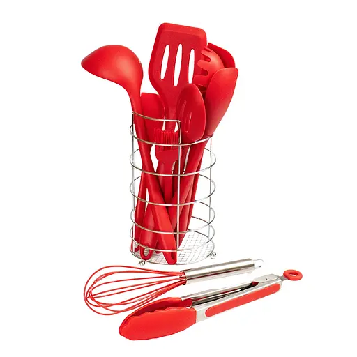 Набір кухонного приладдя силіконовий з 10 предметів з підставкою (вінчик, ополоник, лопатка, щипці), A-plus Червоний 85469 - фото 1