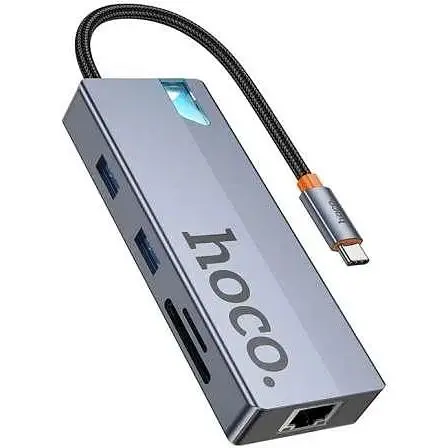 Usb-хаб Hoco HB52 Wow 8-in-1 multi-function converter (HDTV+RJ45+SD / TF+PD+Type-C3.0+Usb3.0x2) Темно-серый - фото 1