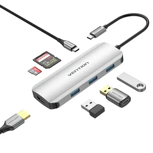 Usb-хаб Vention Usb-C to HDMI / Usb 3.0x3 / SD / TF / PD Docking Серый 0.15M Aluminum Alloy Type - фото 2