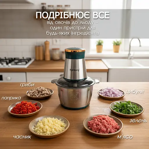 Подрібнювач кухонний, подрібнювач чопер, блендер з металічною чашою, Rainberg 1300 Вт Chopper, Зелений  - фото 2
