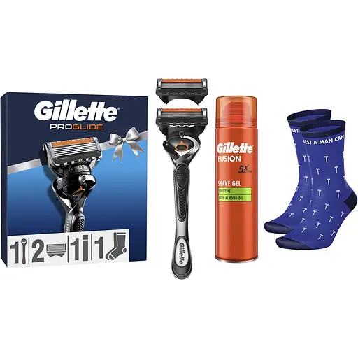 Подарочный набор Gillette Fusion 5: станок для бритья мужской Proglide Flexball с 2 сменными картриджами + гель для бритья для чувствительной кожи 200 мл + носки