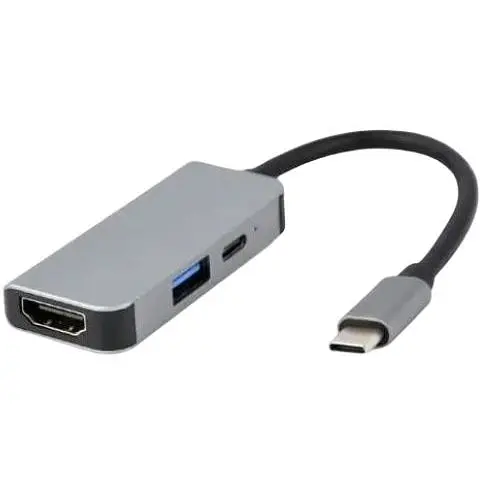 Хаб Usb Cablexpert 3-in-1, Grey, Type-C 3.1 - 1xType-C (87 Вт) / 1xUsb 3.1 / HDMI 4K, кабель 12 см, алюминиевый корпус - фото 1