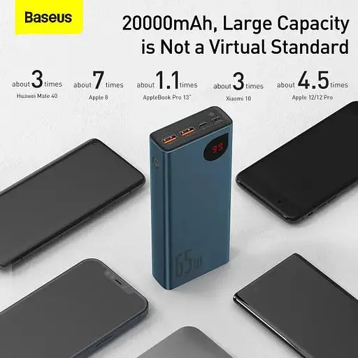 Павербанк Baseus Adaman Metal мощный для ноутбуков телефонов 20000 mAh 65W синий + кабель USB to Type-C - фото 7