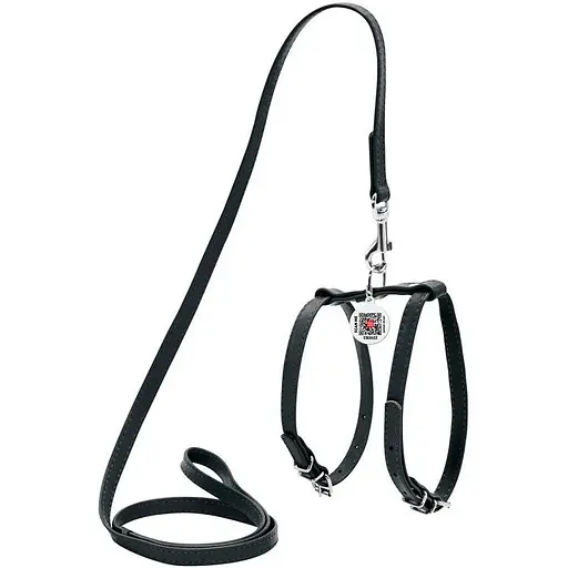 Шлея з повідцем для собак Waudog Glamour шкіряна з QR паспортом, чорний
