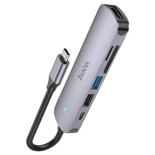 Мульти адаптер хаб Hoco HB28 6в1 Type-C to USB 3.0 F / USB 2.0 F / HDMI F / Type-C F / SD / TF PD 100W 0.135 м серый - фото 3