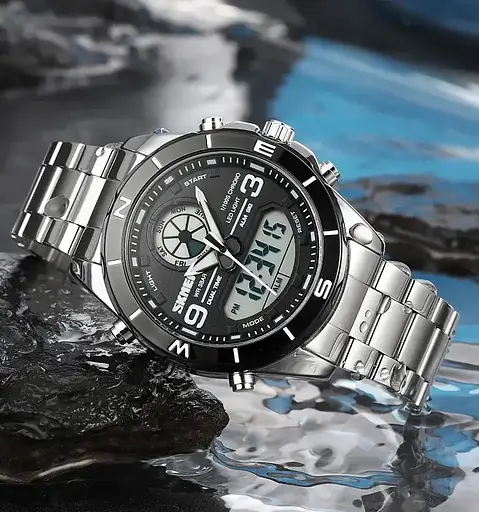 Часы мужские на стальном браслете Skmei 1839 (Серебристые с черным циферблатом) - фото 7