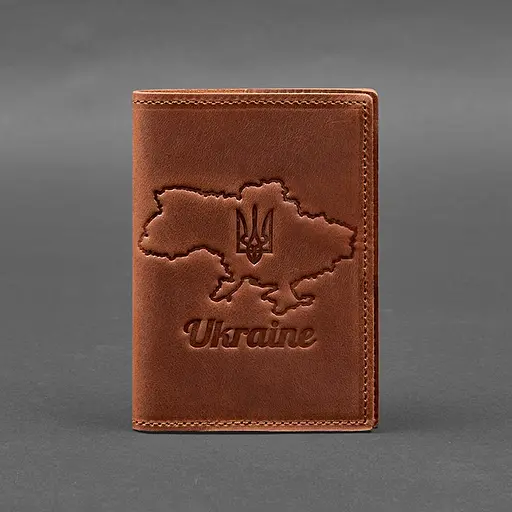 Кожаная обложка для паспорта с картой Украины светло-коричневый Crazy Horse - фото 7