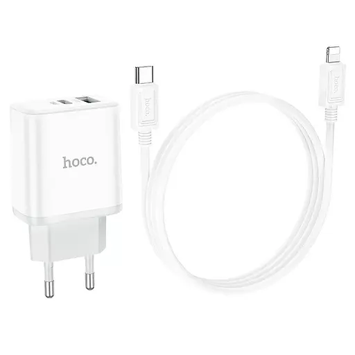 Сетевой адаптер питания Hoco C105A 20W Type-C и USB с быстрой зарядкой и кабелем Type-C to Type-C белый - фото 3