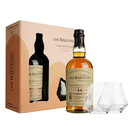 Віскі Balvenie Carribean Cask 14 Year Old 43% 0.7 л з двома келихами в подарунковій коробці