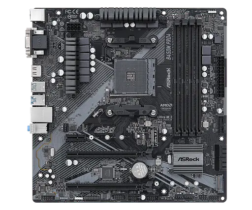 Мат.плата AM4 (B450) AsRock B450M Pro4 R2.0, B450, 4xDDR4, CrossFire, Int. Video (CPU), 4xSATA3, 1xM.2, 1xPCI-E 16x 3.0, 1xPCI-E 16x ALC892, RTL8111H, 8xUSB3.2/4xUSB2.0, VGA/DVI-D/HDMI, MicroATX - фото 2