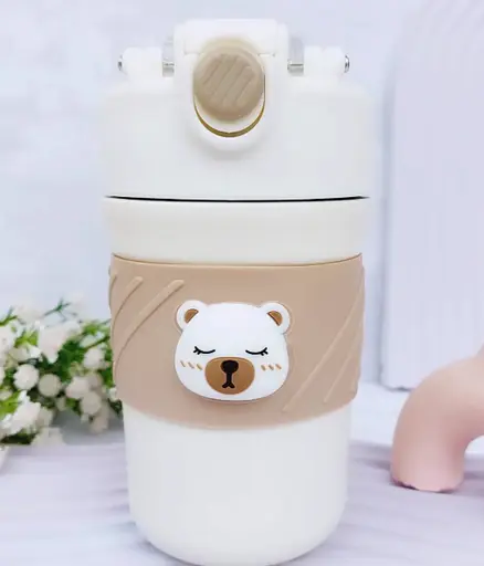 Термос детский  «Cute Bear» поилка с трубочкой нержавеющая сталь 420 мл Бежево-коричневый - фото 2
