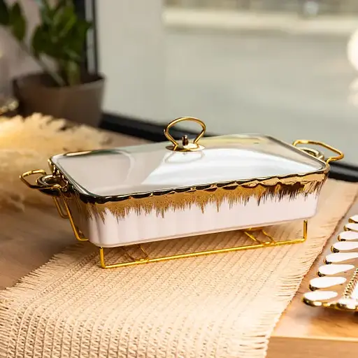 Мармитница фарфоровая Yiwu 2 л прямоугольная со стеклянной крышкой 40х22.5х15.5 см мармит на подставке для первых блюд ML525-15 - фото 2