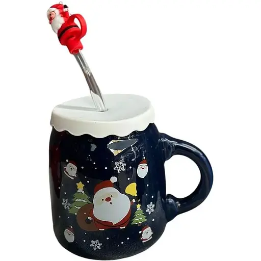 Чашка новогодняя Olens 102-1082 Санта керамика с крышкой и трубочкой 460 мл Синяя - фото 1
