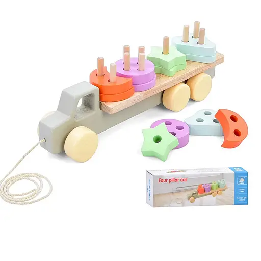 Дерев’яна іграшка Геометрика трейлер, 29.5 см, каталка на шнурі, MD0837 (В асортименті)